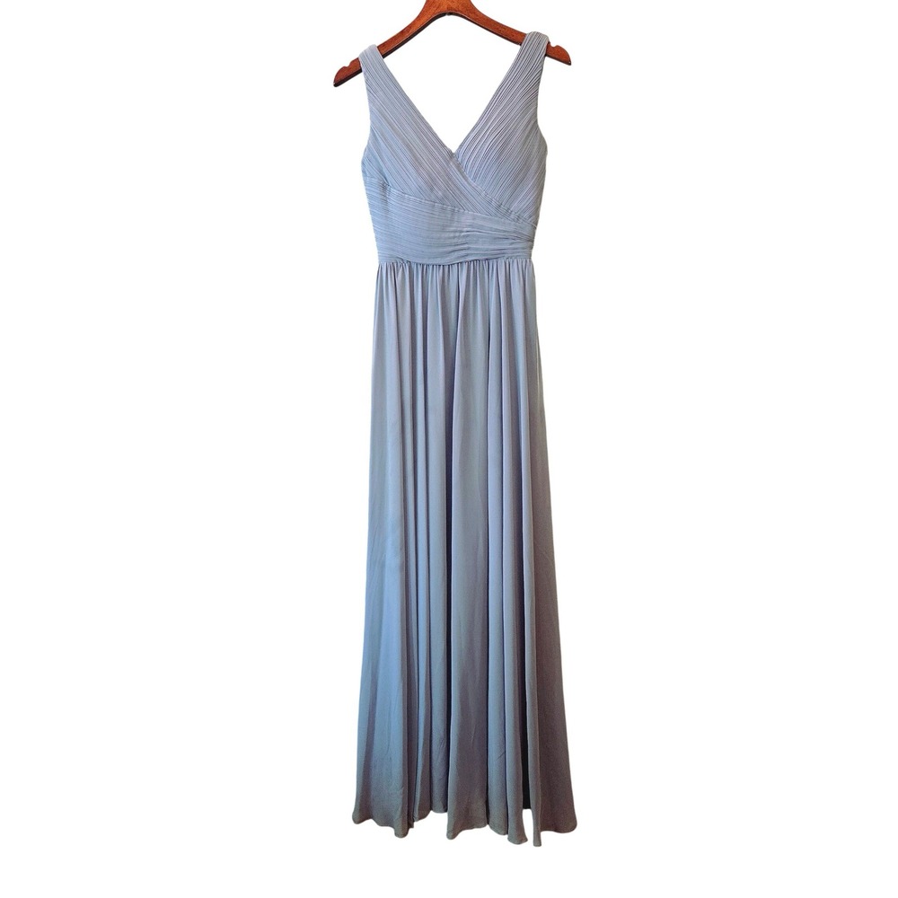 Mori Lee Madeline Gardner Gown Womens 4 Blue Pleated V-Neck Formal Dress 21621